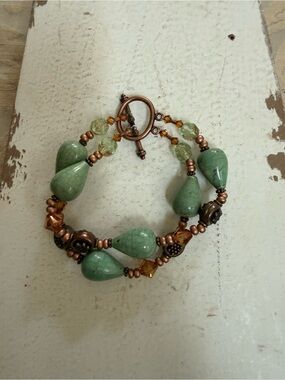 Green Double Strand Beaded Bracelet with Copper Accents